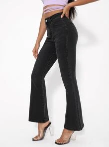 SHEIN PETITE Jeans de pierna amplia con estiramiento alto - Negro - Ver 5
