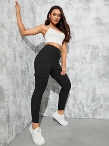 Rivivi Quần bó Cargo cạp cao màu trơn có thắt lưng cho nữ - màu đen - Xem 5