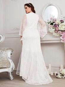 SHEIN Belle Plus Bell Sleeve Lace Wedding Dress Without Veil - White - View 2