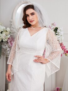 SHEIN Belle Plus Bell Sleeve Lace Wedding Dress Without Veil - White - View 3