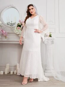 SHEIN Belle Plus Bell Sleeve Lace Wedding Dress Without Veil - White - View 4