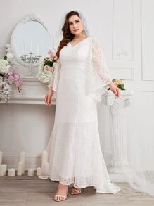 SHEIN Belle Plus Bell Sleeve Lace Wedding Dress Without Veil - White - View 5