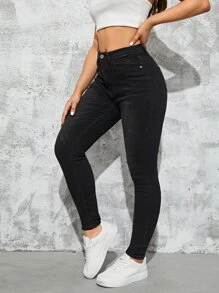 SHEIN Essnce Quần jean nữ Nút Túi Dây kéo màu trơn - màu đen - Xem 4