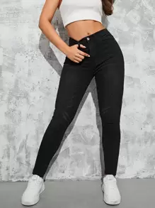 SHEIN Essnce Quần jean nữ Nút Túi Dây kéo màu trơn - màu đen - Xem 5