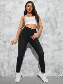 SHEIN Essnce Quần jean nữ Nút Túi Dây kéo màu trơn - màu đen - Xem 6