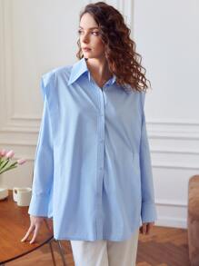 SHEIN Shoulder Padded Curved Hem Blouse - Baby Blue - View 1