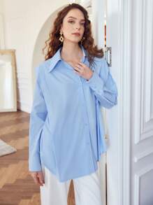 SHEIN Shoulder Padded Curved Hem Blouse - Baby Blue - View 3