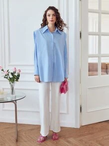 SHEIN Shoulder Padded Curved Hem Blouse - Baby Blue - View 4