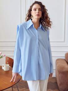 SHEIN Shoulder Padded Curved Hem Blouse - Baby Blue - View 5