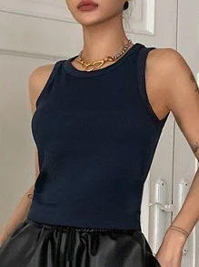 DAZY Solid Rib Knit Tank Top - Navy Blue - View 2