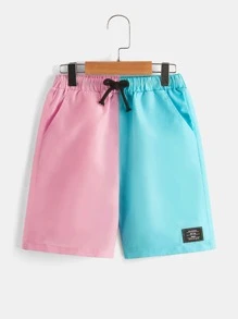SHEIN Boys Two Tone Letter Patched Detail Drawstring Waist Shorts - Multicolor - View 1