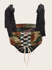 Floral Print Tied Shoulder Lace Up Crop Top - Multicolor - View 2