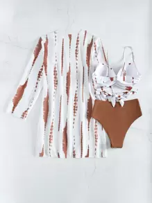 SHEIN X Sofía Suescun SHEIN Swim 夏季海灘3入組隨機色系撞色十字背綁帶推擠式比基尼 - 棕色 - 查看 2