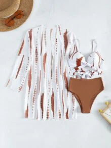 SHEIN X Sofía Suescun SHEIN Swim 夏季海灘3入組隨機色系撞色十字背綁帶推擠式比基尼 - 棕色 - 查看 3