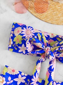 Random Floral Print Tie Front Tube Bikini Set, For Summer Beach Vacation - Multicolor - View 4