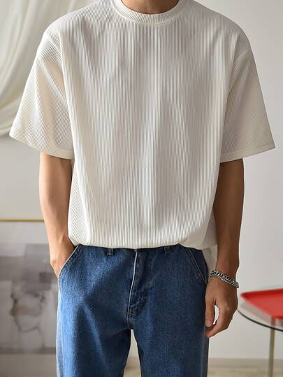 DAZY Men Solid Ribbed Knit Drop Shoulder Tee