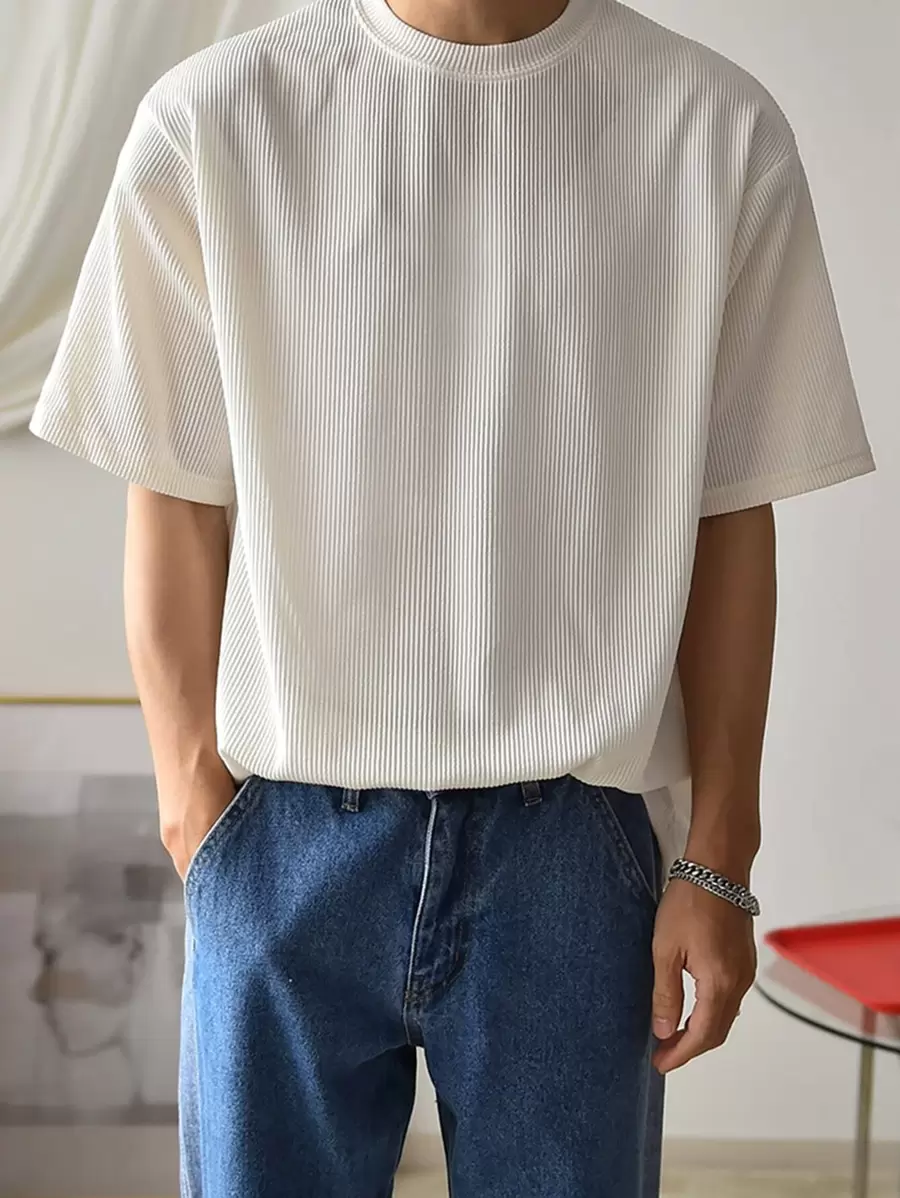 DAZY 男士素色條紋針織落肩T恤 - 白色 - 查看 1