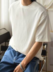 DAZY 男士素色條紋針織落肩T恤 - 白色 - 查看 2