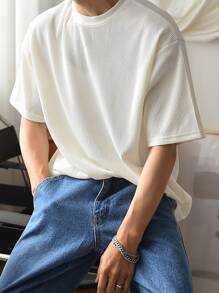 DAZY 男士素色條紋針織落肩T恤 - 白色 - 查看 3