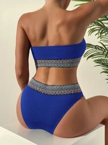 Contrast Tape Bandeau Bikini - Royal Blue - View 2