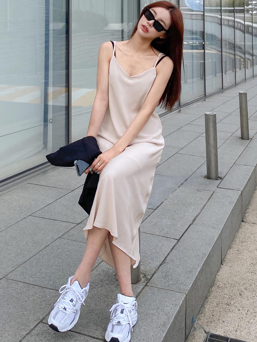 DAZY 1pc Zipper Back Cami Dress - Apricot - View 1