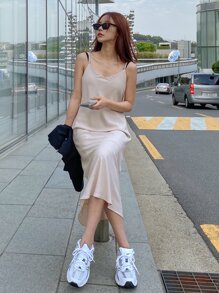 DAZY 1pc Zipper Back Cami Dress - Apricot - View 2