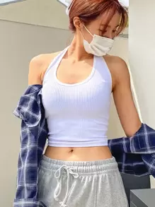 DAZY 罗纹针织短款露背背心 - 白色 - 查看 5