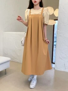 DAZY Puff Sleeve Blouse & Fold Pleated Pinafore Dress - Multicolor - View 1