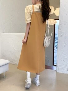 DAZY Puff Sleeve Blouse & Fold Pleated Pinafore Dress - Multicolor - View 2