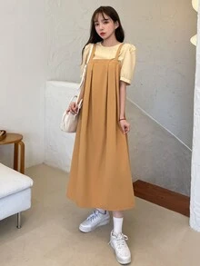 DAZY Puff Sleeve Blouse & Fold Pleated Pinafore Dress - Multicolor - View 4