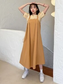 DAZY Puff Sleeve Blouse & Fold Pleated Pinafore Dress - Multicolor - View 5