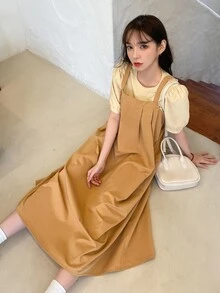 DAZY Puff Sleeve Blouse & Fold Pleated Pinafore Dress - Multicolor - View 6