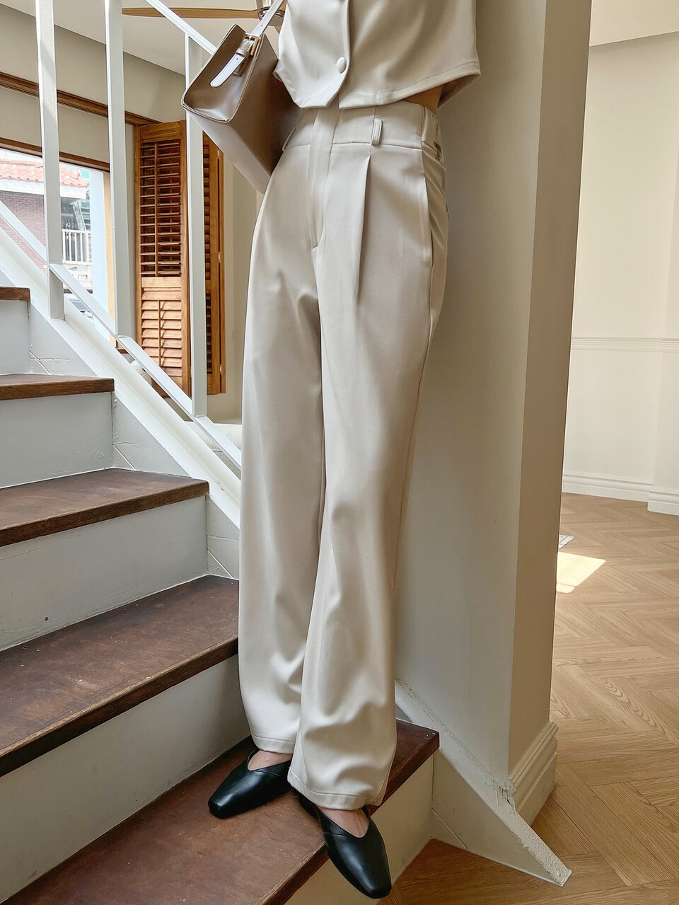 Button Front Puff Sleeve Blouse & Slant Pockets Pants, Women Two Pieces Sets