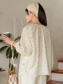 DAZY 小碎花燈籠袖襯衫 - 米色 - 查看 2