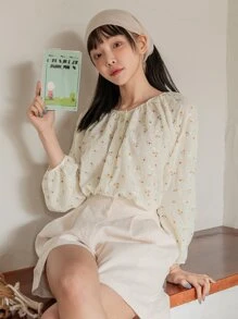 DAZY 小碎花燈籠袖襯衫 - 米色 - 查看 4