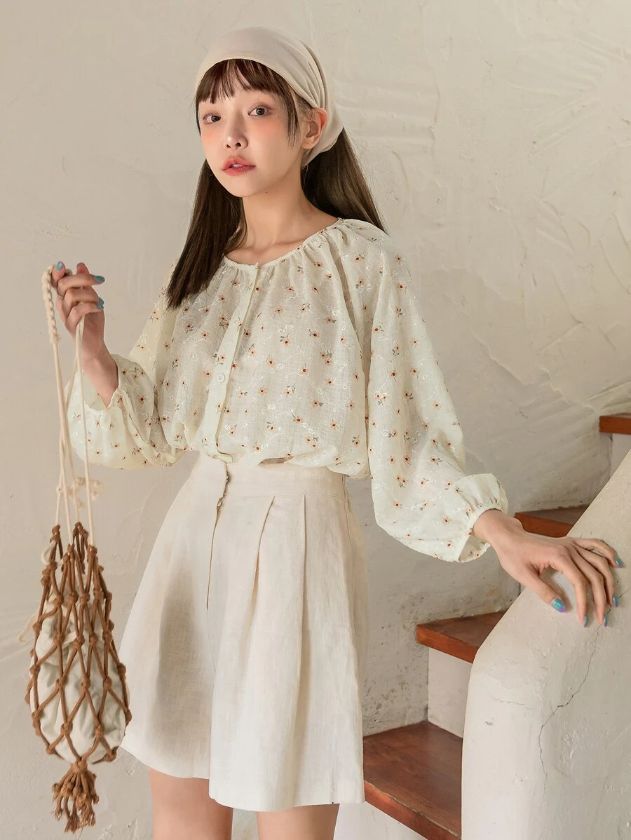 DAZY 小碎花燈籠袖襯衫 - 米色 - 查看 1