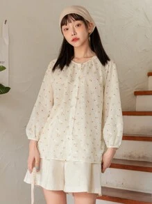DAZY 小碎花燈籠袖襯衫 - 米色 - 查看 5