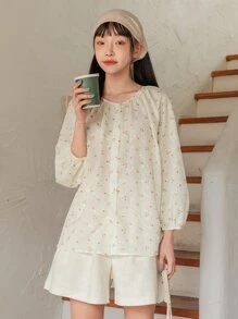 DAZY 小碎花燈籠袖襯衫 - 米色 - 查看 6