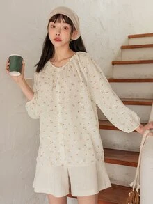 DAZY 小碎花燈籠袖襯衫 - 米色 - 查看 7