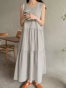 DAZY Váy sọc ẩn có túi Ruffle Hem - Màu Xám nhạt - Xem 4