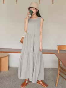 DAZY Váy sọc ẩn có túi Ruffle Hem - Màu Xám nhạt - Xem 5
