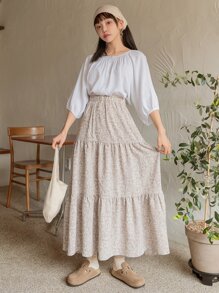 DAZY Falda Con Dobladillo Con Volantes Y Estampado Completo - Albaricoque - Ver 4