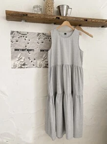 DAZY Váy sọc ẩn có túi Ruffle Hem - Màu Xám nhạt - Xem 6