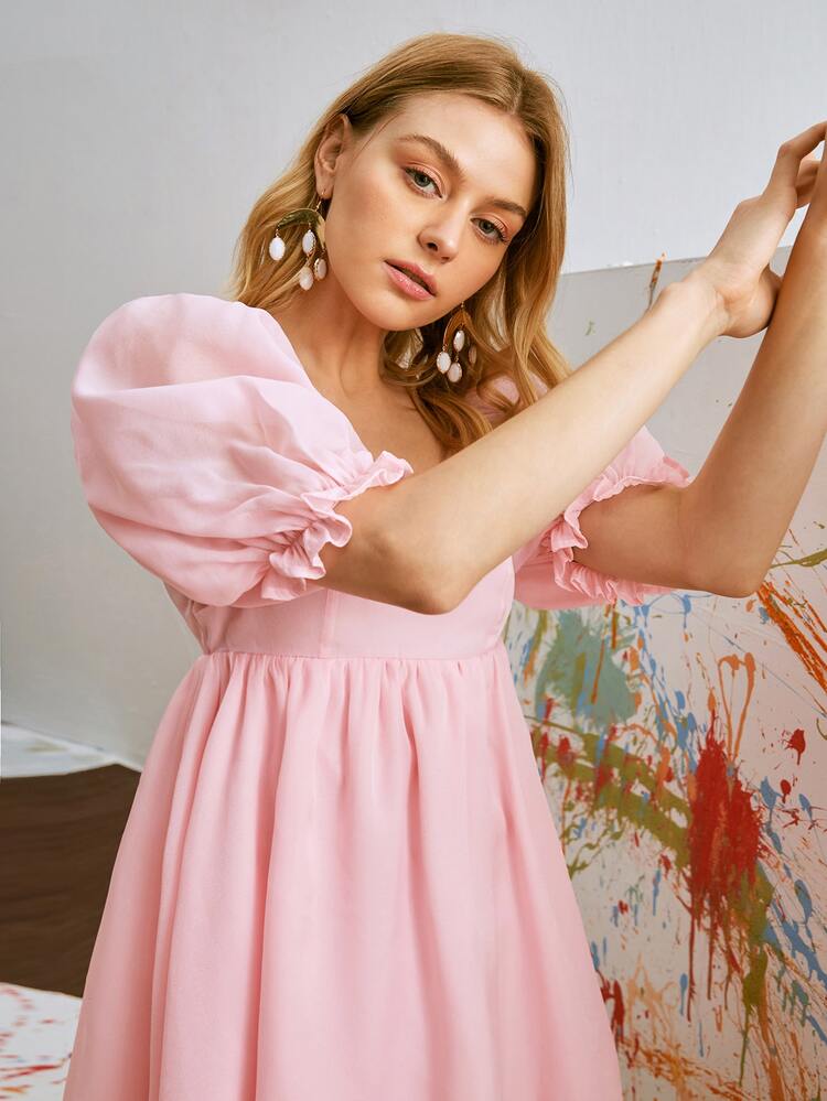 square neck puff sleeve organza dress Square Neck Puff Sleeve Tie Back Organza Dress