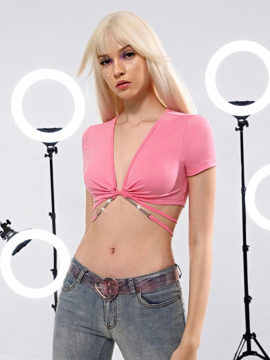 SHEIN ICON Áo nữ Chuỗi Buộc lại xoắn lại màu trơn Gợi cảm - Màu Hồng baby - Xem 1