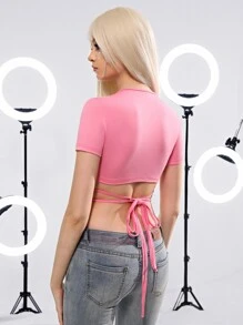 SHEIN ICON Áo nữ Chuỗi Buộc lại xoắn lại màu trơn Gợi cảm - Màu Hồng baby - Xem 2