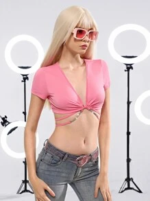 SHEIN ICON Áo nữ Chuỗi Buộc lại xoắn lại màu trơn Gợi cảm - Màu Hồng baby - Xem 3