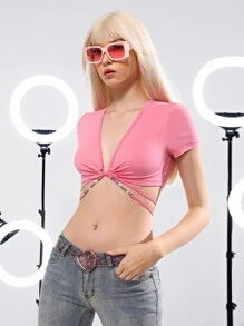 SHEIN ICON Áo nữ Chuỗi Buộc lại xoắn lại màu trơn Gợi cảm - Màu Hồng baby - Xem 6