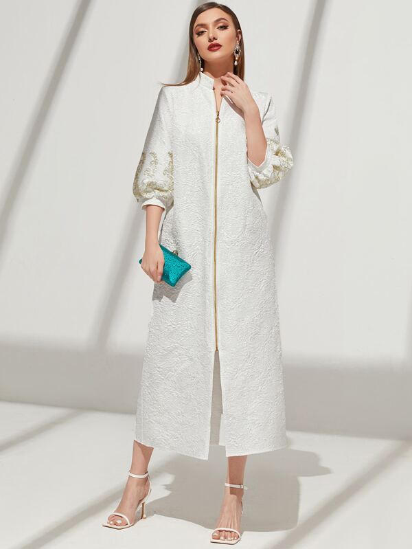 Modelyn Embroidery O-Ring Zipper Split Bishop Sleeve Modest Dress Long Evening Dresses