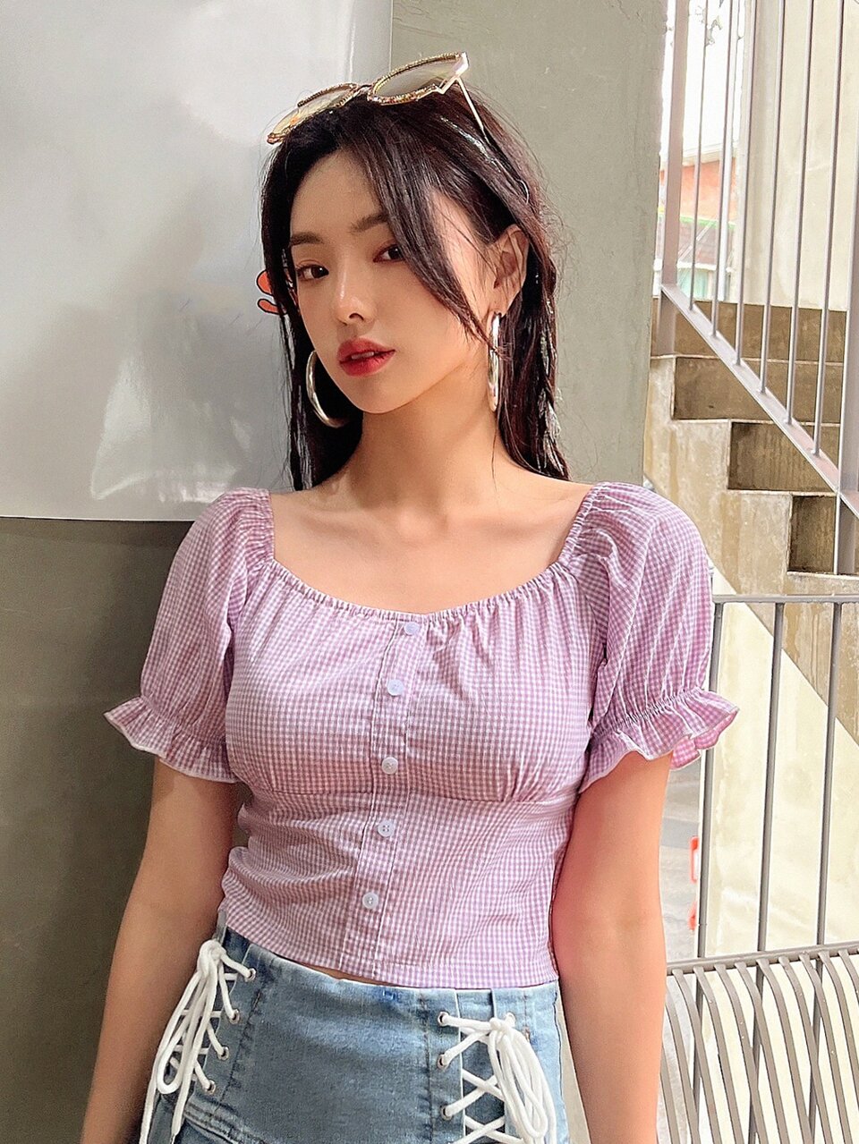Gingham Button Through Puff Sleeve Blouse